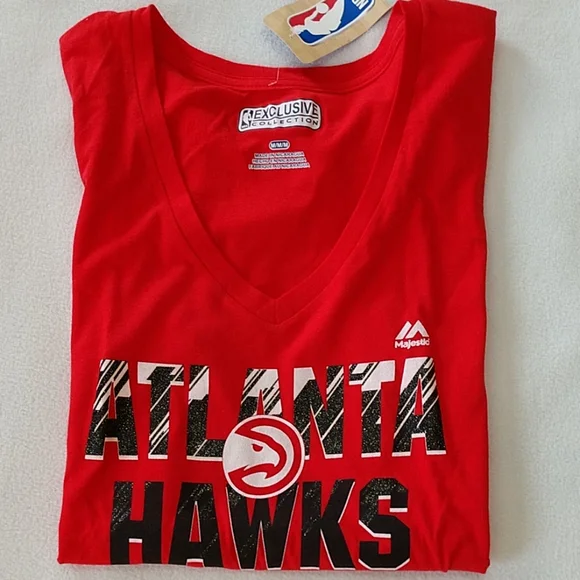 NEW Atlanta Hawks T-shirt Majestic Womens Short Sl Cotton NBA Tee Sparkle Logo M - Picture 2 of 10